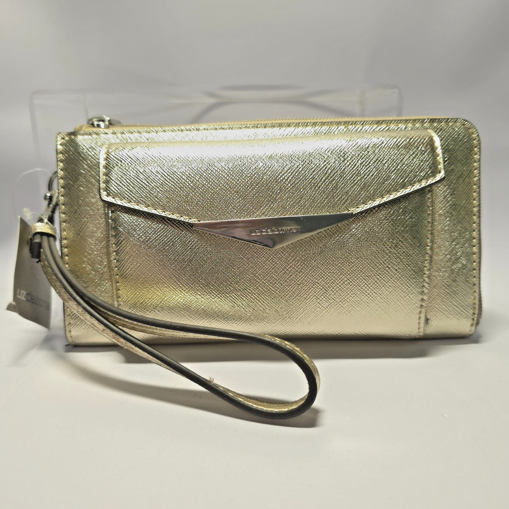 LIz Claiborne 3/4 Zip Wallet Wristlet Gold Triangle Tip Champagne Sparkle